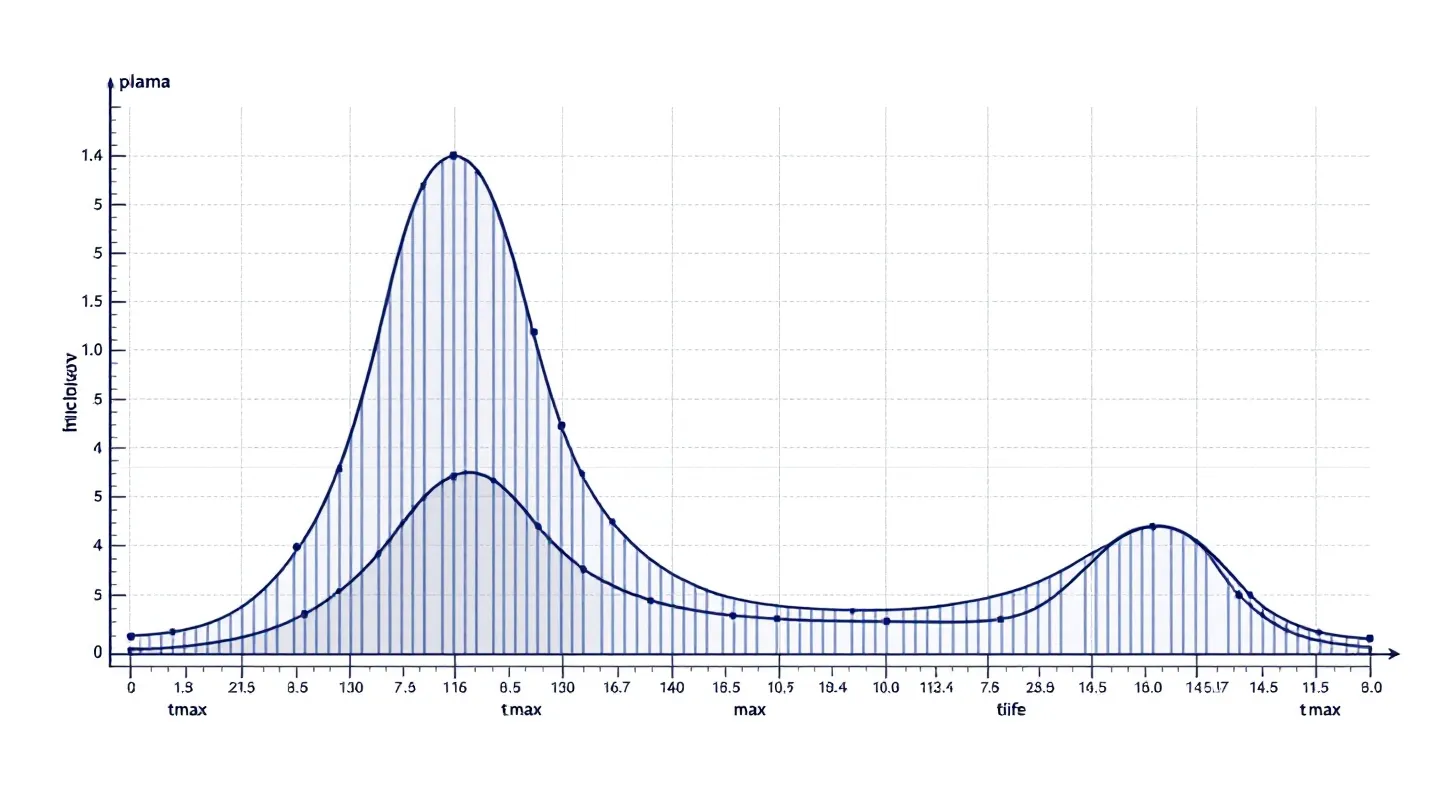 research Cartesian editorial diagram of two pharmacokinetic decay curves comparing CJC-1295 without DAC (~30 minutes) and CJC-1295 with DAC (~8 days) on a shared baseline